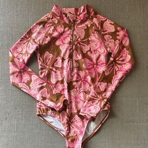 Cotton On Kids Pink and Brown Hawaiian Floral Long Sleeve Swimsuit Size 8